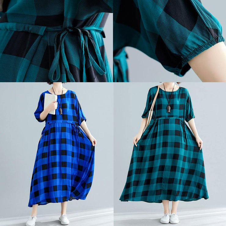 Italian tie waist cotton clothes Women Outfits blue plaid Maxi Dresses summer - SooLinen