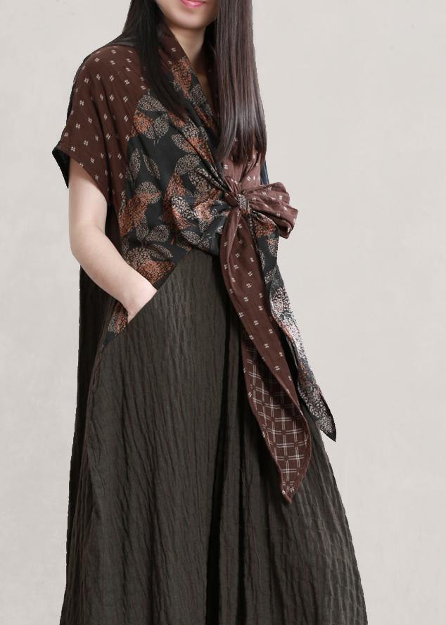 Italian v neck Batwing Sleeve linen dresses Photography chocolate print Dress - SooLinen