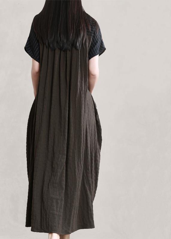 Italian v neck Batwing Sleeve linen dresses Photography chocolate print Dress - SooLinen