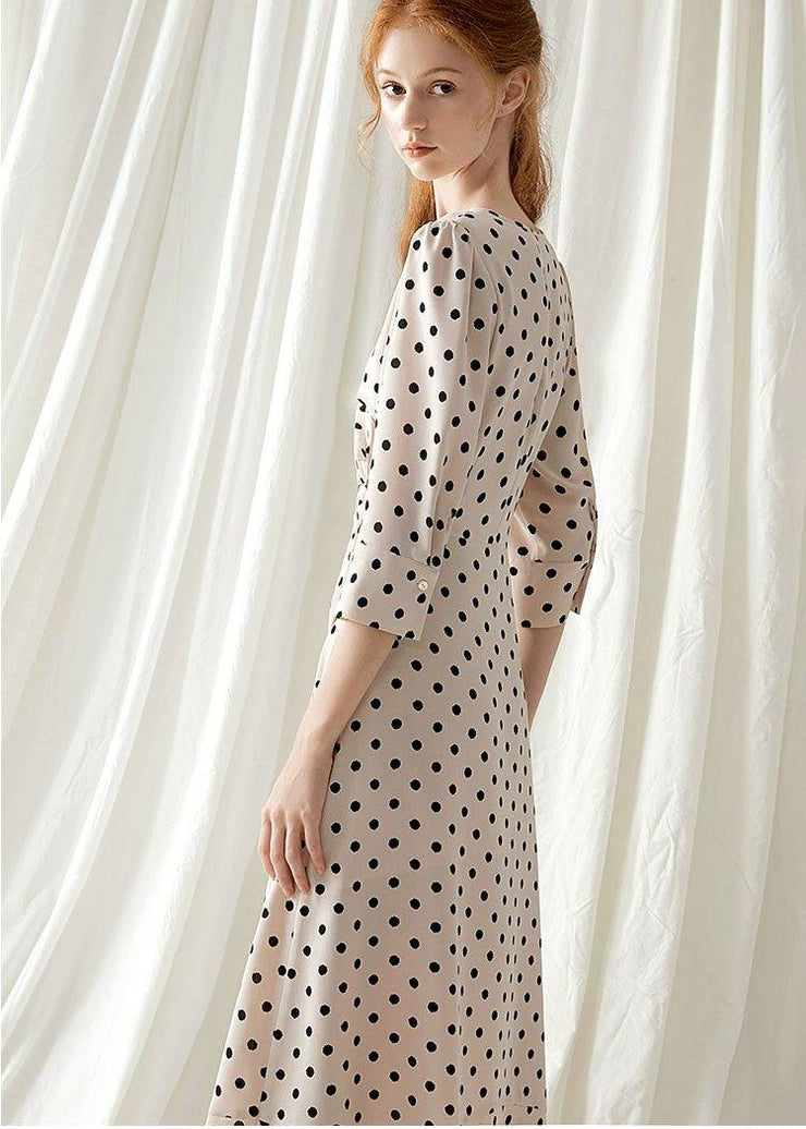 Italian v neck chiffon dresses Fabrics nude dotted Maxi Dresses fall - SooLinen