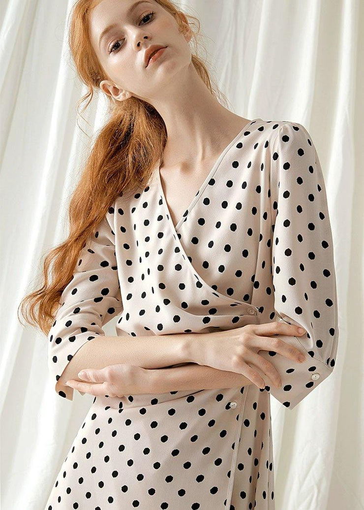 Italian v neck chiffon dresses Fabrics nude dotted Maxi Dresses fall - SooLinen