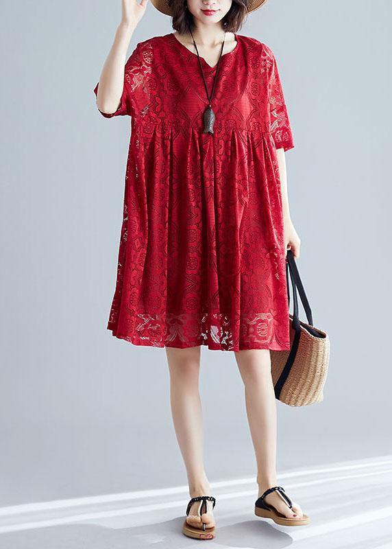 Italian v neck hollow out dresses pattern red Dress - SooLinen