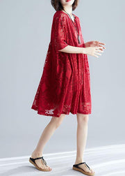 Italian v neck hollow out dresses pattern red Dress - SooLinen