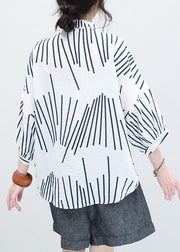 Italian white asymmetric striped cotton Long Shirts half sleeve Art summer shirt - SooLinen