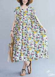 Italian yellow print pattern o neck pockets long summer Dresses - SooLinen