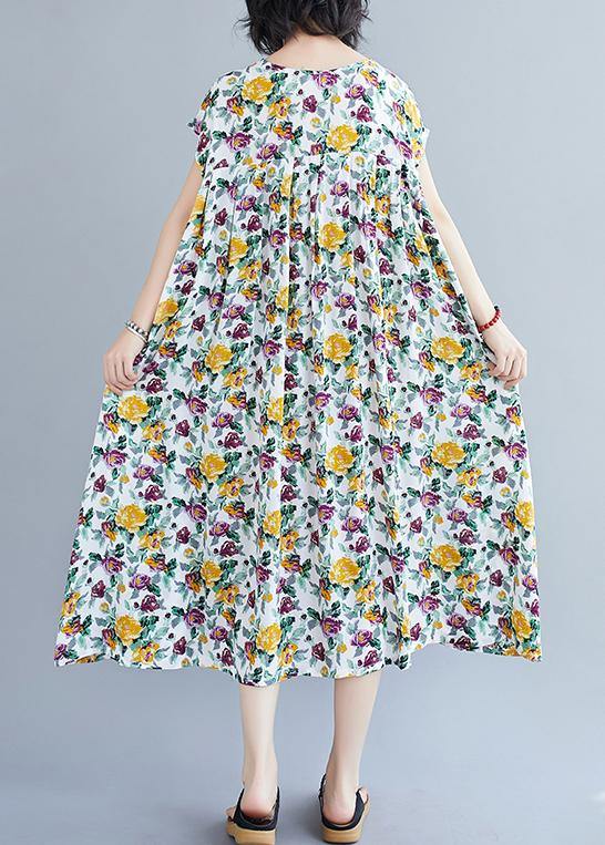 Italian yellow print pattern o neck pockets long summer Dresses - SooLinen