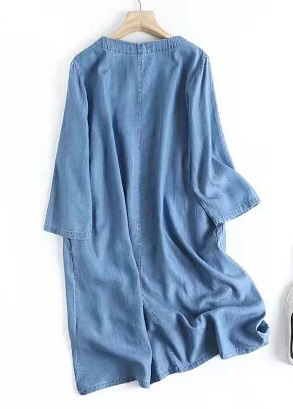 Italian Blue Embroideried Oriental Denim Dresses Summer Cotton Dress