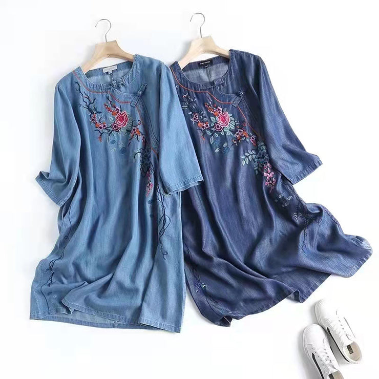 Italian Blue Embroideried Oriental Denim Dresses Summer Cotton Dress