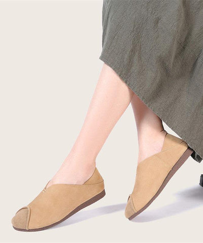 Khaki Cowhide Leather Flats Splicing Flat Feet Shoes - SooLinen