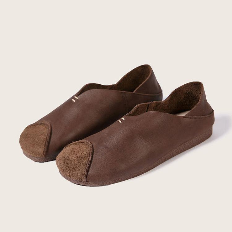 Khaki Cowhide Leather Flats Splicing Flat Feet Shoes - SooLinen