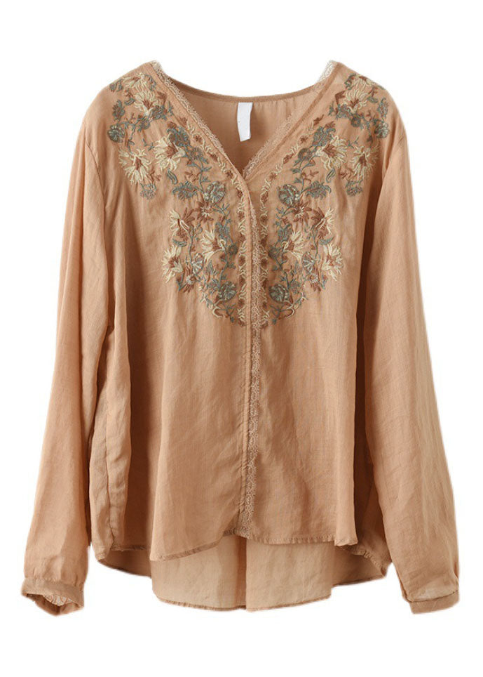 Khaki Lace Patchwork Linen Shirt Top Low High Design Long Sleeve