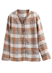 Khaki Plaid Patchwork Summer Linen Top Long Sleeve - SooLinen