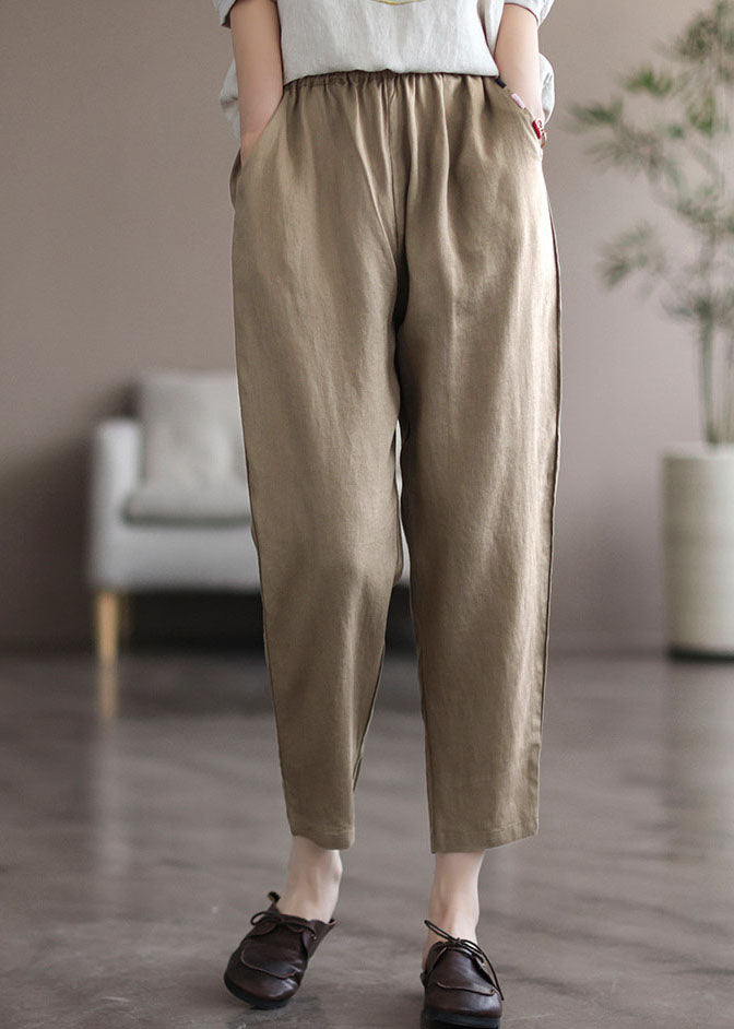 Khaki Pockets Linen Harem Pants High Waist Summer