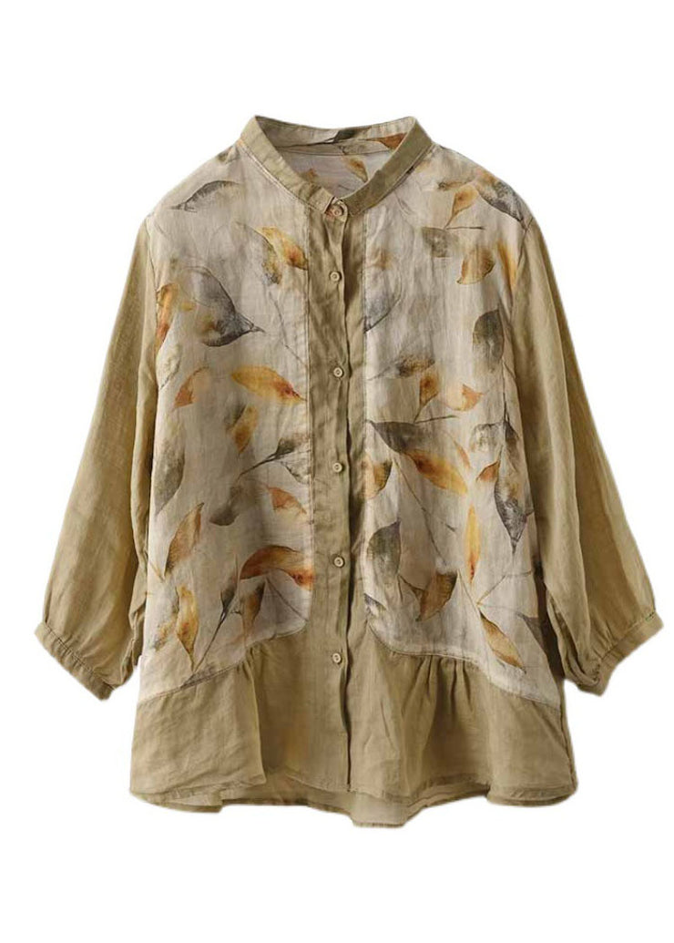 Khaki Print Linen Blouses Ruffles Peter Pan Collar Three Quarter sleeve