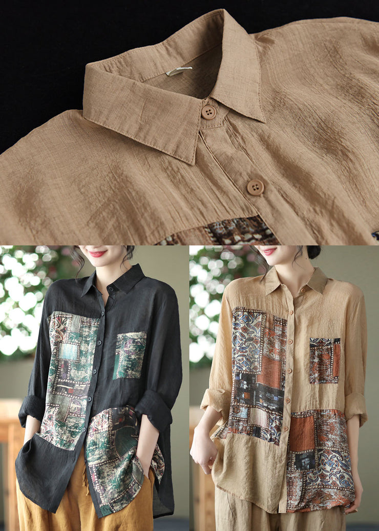 Khaki Print Linen Shirts Peter Pan Collar Button Long Sleeve