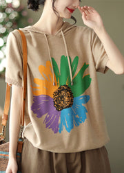 Khaki Print 2024 Knit Tank Tops Drawstring Short Sleeve