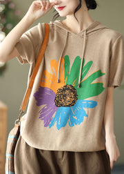 Khaki Print 2024 Knit Tank Tops Drawstring Short Sleeve