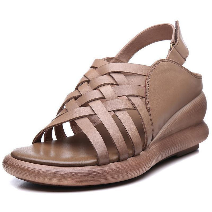 Khaki Sandals Wedge Cowhide Leather Plus Size Sandals - SooLinen