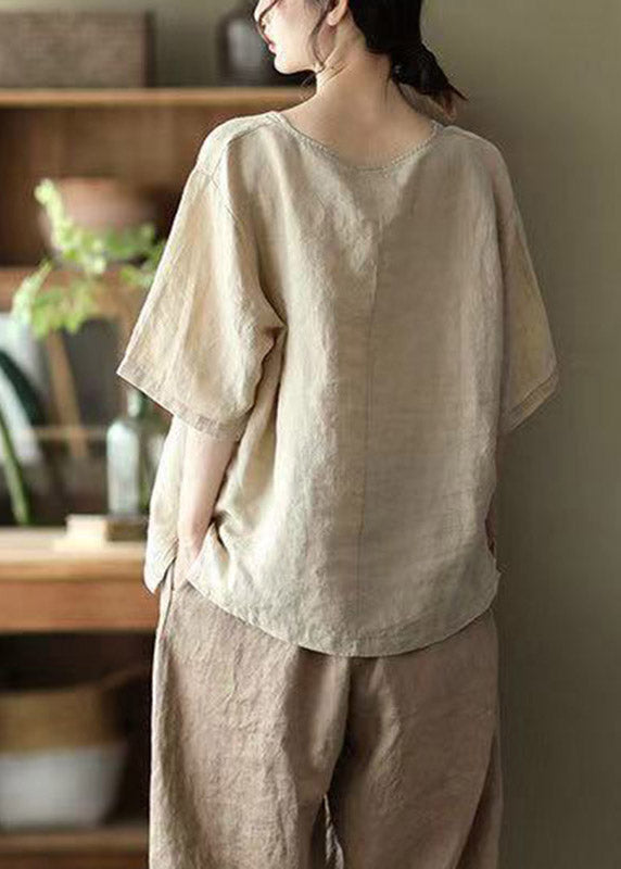 Khaki Side Open Linen T Shirt Half Sleeve