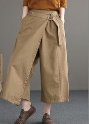 Khaki Solid Cotton Wide Leg Pants Elastic Waist Asymmetrical Summer