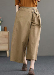 Khaki Solid Cotton Wide Leg Pants Elastic Waist Asymmetrical Summer