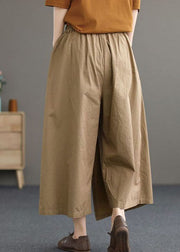 Khaki Solid Cotton Wide Leg Pants Elastic Waist Asymmetrical Summer