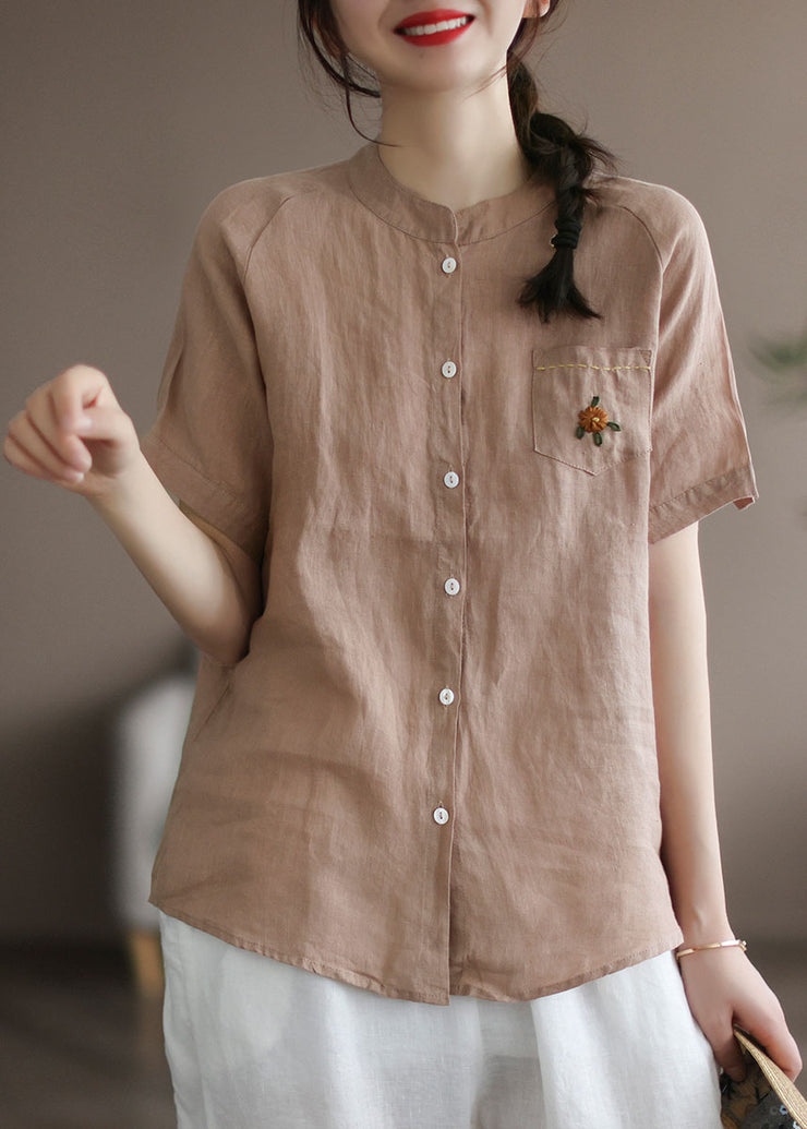 Khaki Solid Loose Linen Shirt Top Embroideried Button Short Sleeve