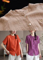 Khaki Solid Loose Linen Shirt Top Embroideried Button Short Sleeve