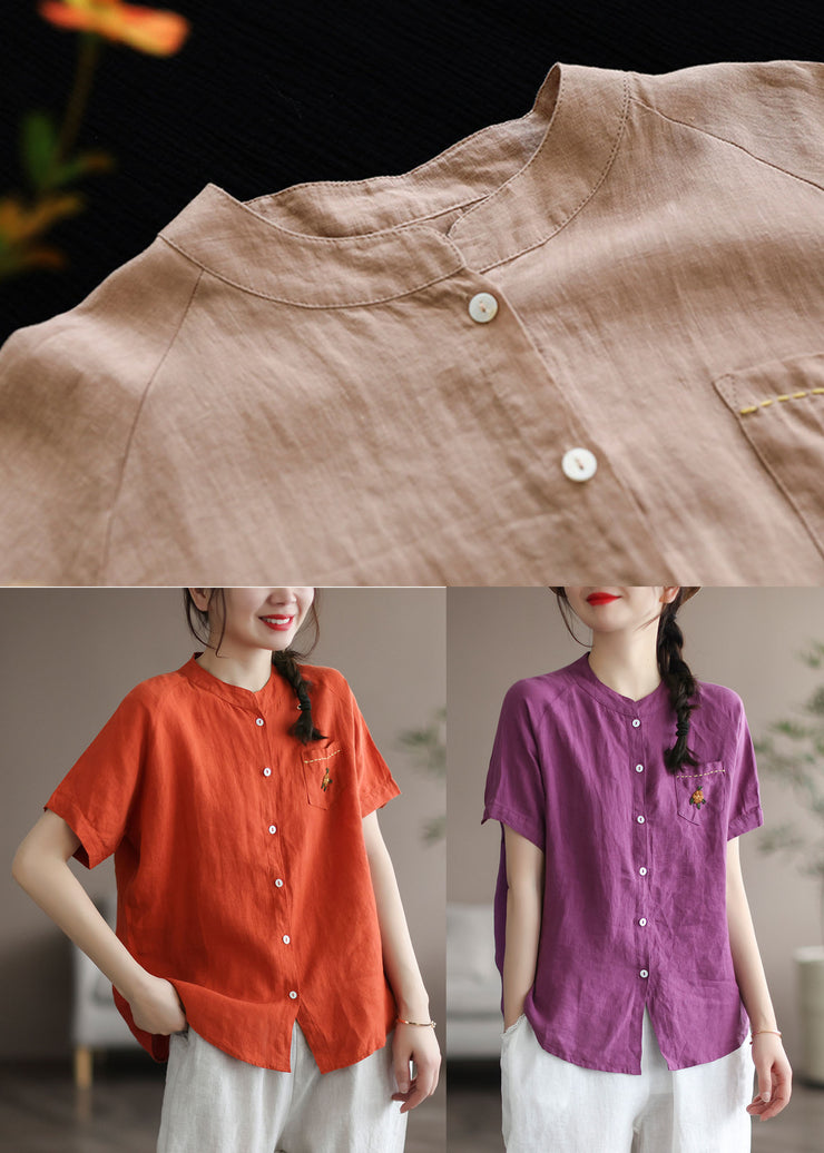 Khaki Solid Loose Linen Shirt Top Embroideried Button Short Sleeve