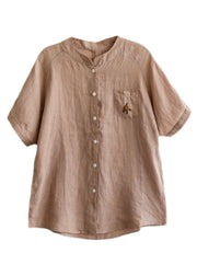 Khaki Solid Loose Linen Shirt Top Embroideried Button Short Sleeve