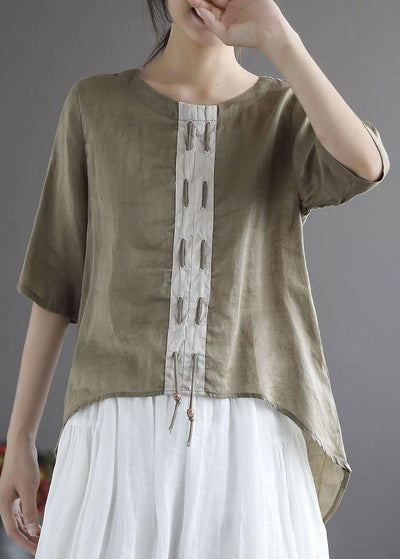 Khaki low high design Design Patchwork Summer Linen Shirt Tops - SooLinen