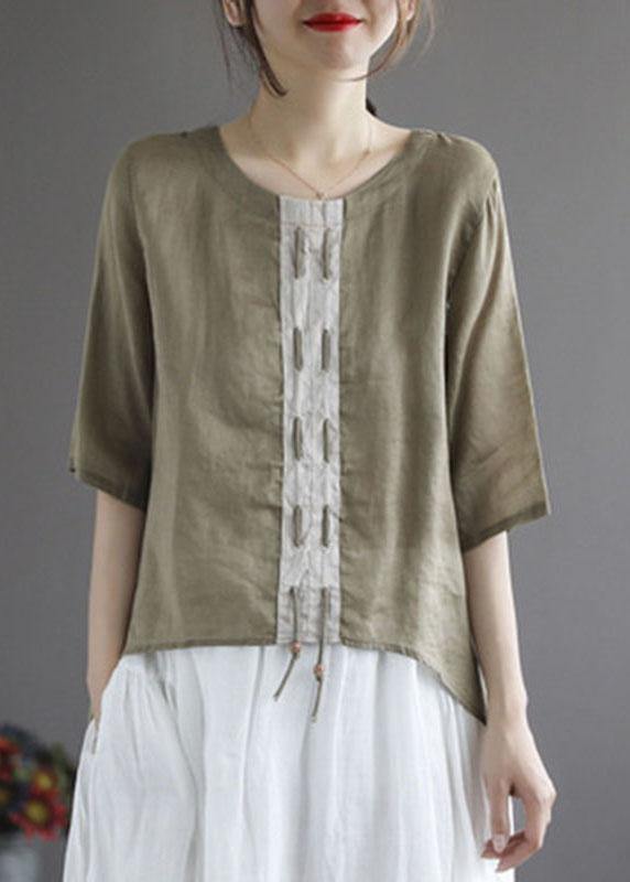 Khaki low high design Design Patchwork Summer Linen Shirt Tops - SooLinen