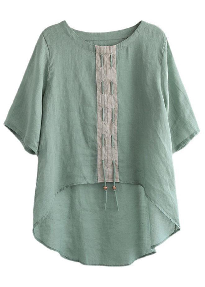 Khaki low high design Design Patchwork Summer Linen Shirt Tops - SooLinen