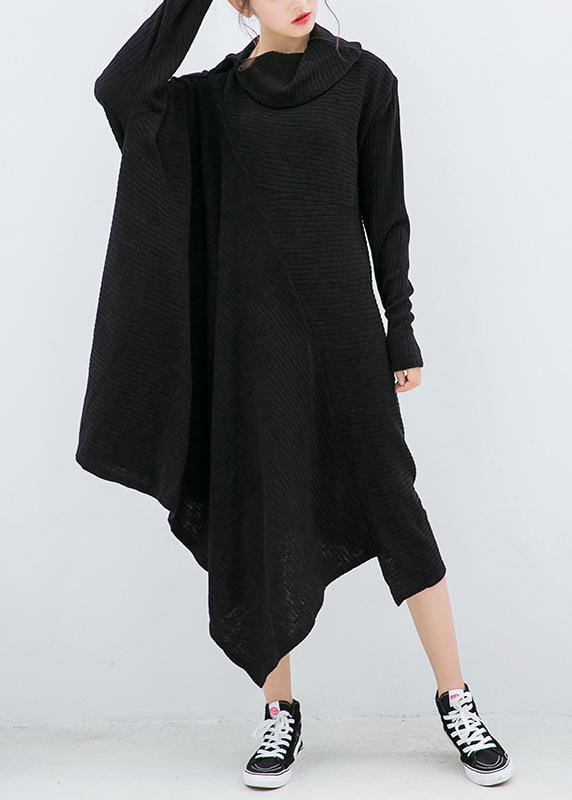 Knitted black Sweater dresses Design asymmetric Big high neck knitted tops - SooLinen