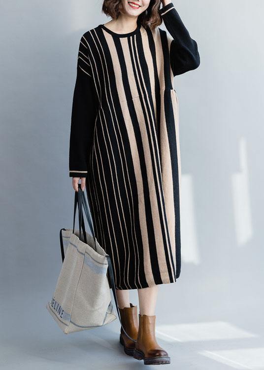 Knitted black striped Sweater dress outfit Women high waist Funny fall knit dress - SooLinen