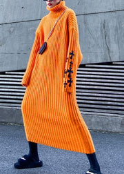 Knitted orange Sweater weather Street Style Appliques Tejidos high neck sweater dresses - SooLinen