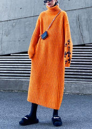 Knitted orange Sweater weather Street Style Appliques Tejidos high neck sweater dresses - SooLinen