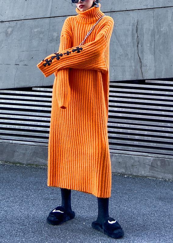 Knitted orange Sweater weather Street Style Appliques Tejidos high neck sweater dresses - SooLinen