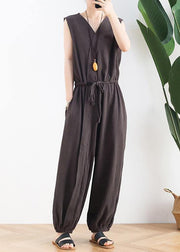 Korean version of the thin wide-leg jumpsuit female summer cotton and linen loose fashion chocolate nine points jumpsuit - SooLinen