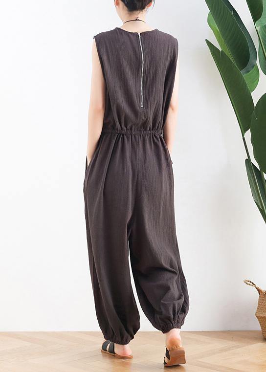 Korean version of the thin wide-leg jumpsuit female summer cotton and linen loose fashion chocolate nine points jumpsuit - SooLinen