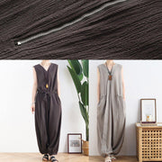 Korean version of the thin wide-leg jumpsuit female summer cotton and linen loose fashion chocolate nine points jumpsuit - SooLinen