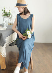 Lake Blue Solid Cotton Spaghetti Strap Dresses Summer