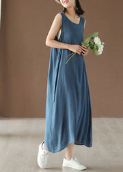 Lake Blue Solid Cotton Spaghetti Strap Dresses Summer