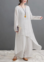 Large Size Loose Art Long White Top Casual Wide Leg Pants Two Piece Suit For Women - SooLinen