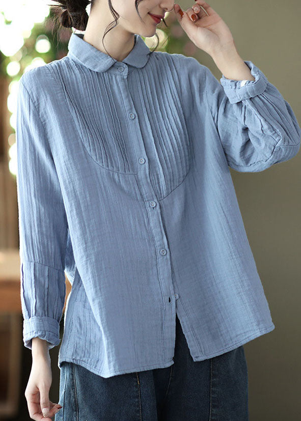 Light Blue Patchwork Button Cotton Shirt Tops Spring