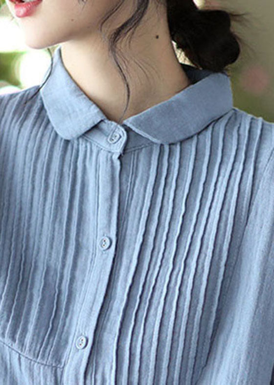 Light Blue Patchwork Button Cotton Shirt Tops Spring