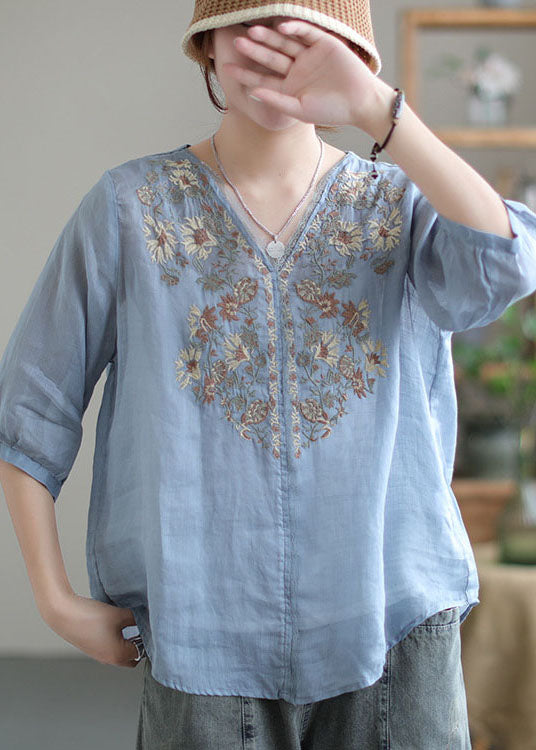 Light Blue Patchwork Linen Shirts V Neck Half Sleeve