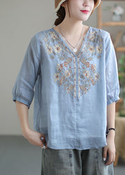 Light Blue Patchwork Linen Shirts V Neck Half Sleeve