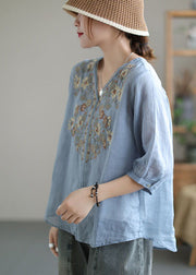 Light Blue Patchwork Linen Shirts V Neck Half Sleeve