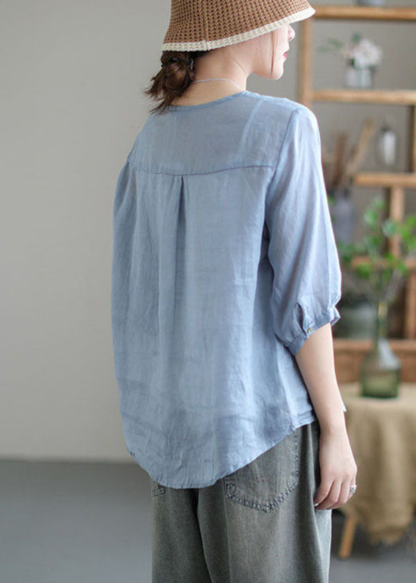 Light Blue Patchwork Linen Shirts V Neck Half Sleeve